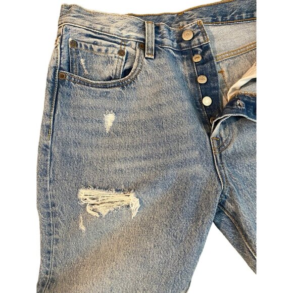 Levis 501 S Premium Big E Jeans 28x28 Button Fly Blue Denim Ripped Skinny - Picture 11 of 12